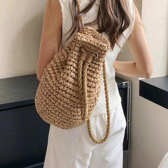 Khaki Casual Women's Foldable Bucket Drawstring Backpack Outdoor - Picture 4 of 11